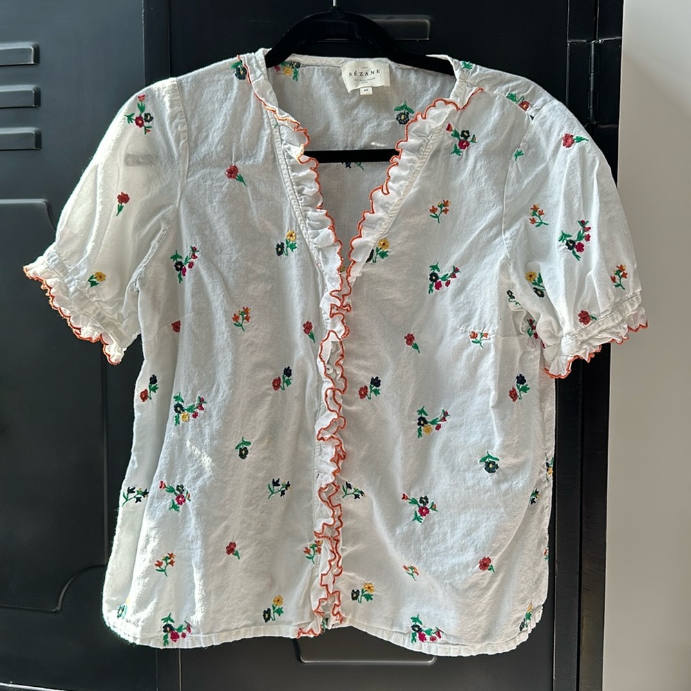 Sezane Cotton Floral Embroidered Button Down Top, Sz 40
